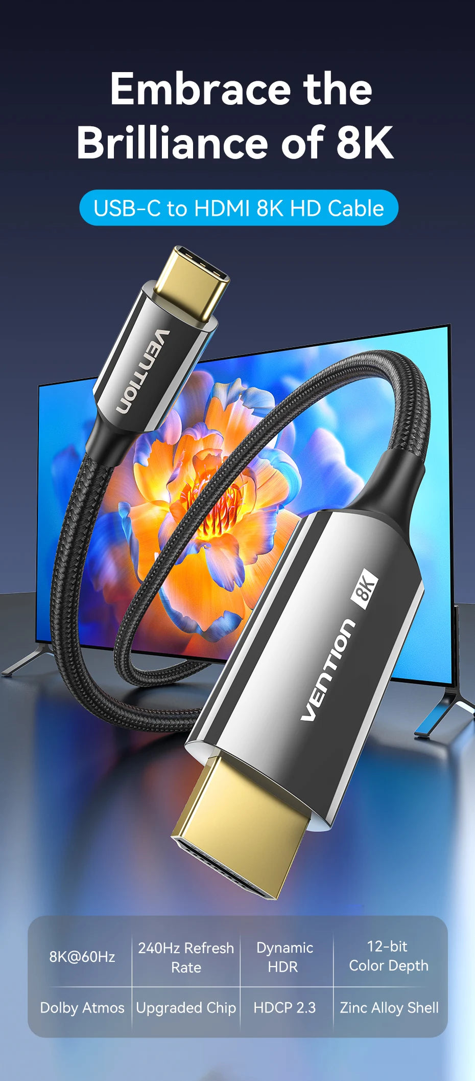 Vention USB C to HDMI Cable 8K Type c HDMI Thunderbolt 3 Adapter for MacBook Samsung Galaxy S10/S9 Huawei Honor Type c to HDMI