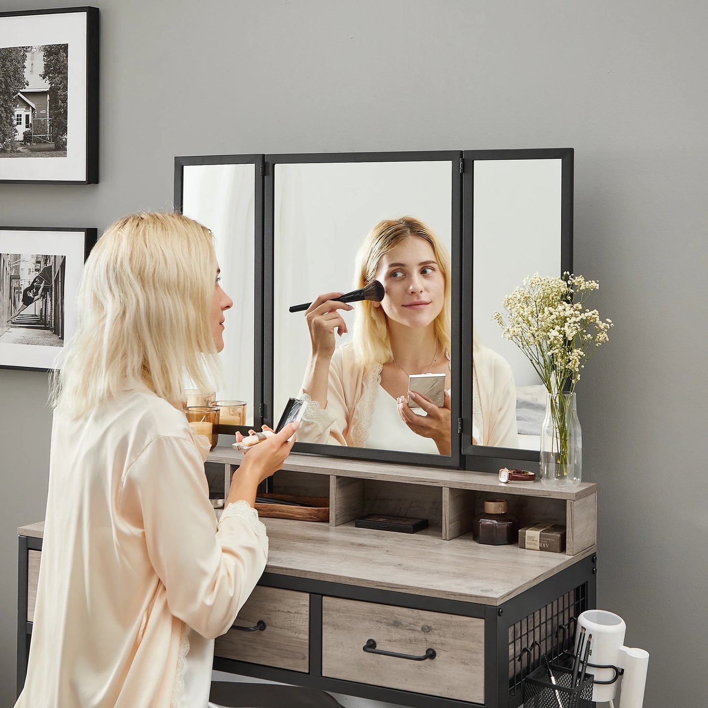 VASAGLE Dressing table with 3-piece folding mirror, hair dryer holder, cosmetic table with padded stool, 3 drawers