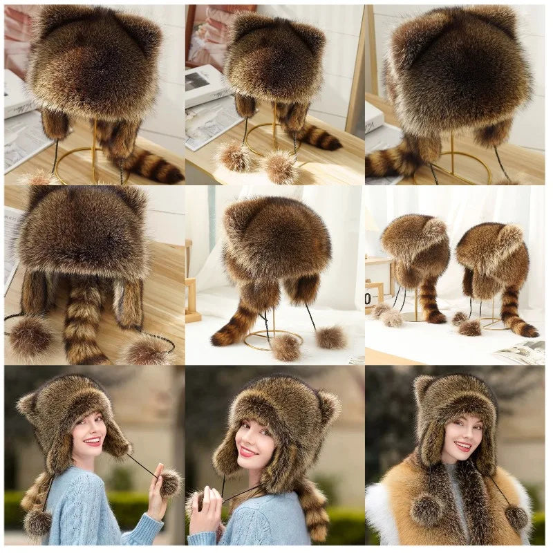 trend Raccoon imitateFur Cap Tail Women imitateNatural Raccoon Fur Caps Ushanka Hats for Winter Thick Warm Ears Fashion