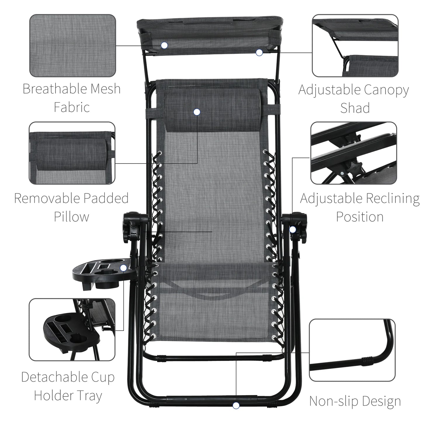 Outsunny Foldable Reclining Garden Chair with Headrest,with Footrest, Armrest, Cup Holder & Canopy Shade,Light Grey  ﻿