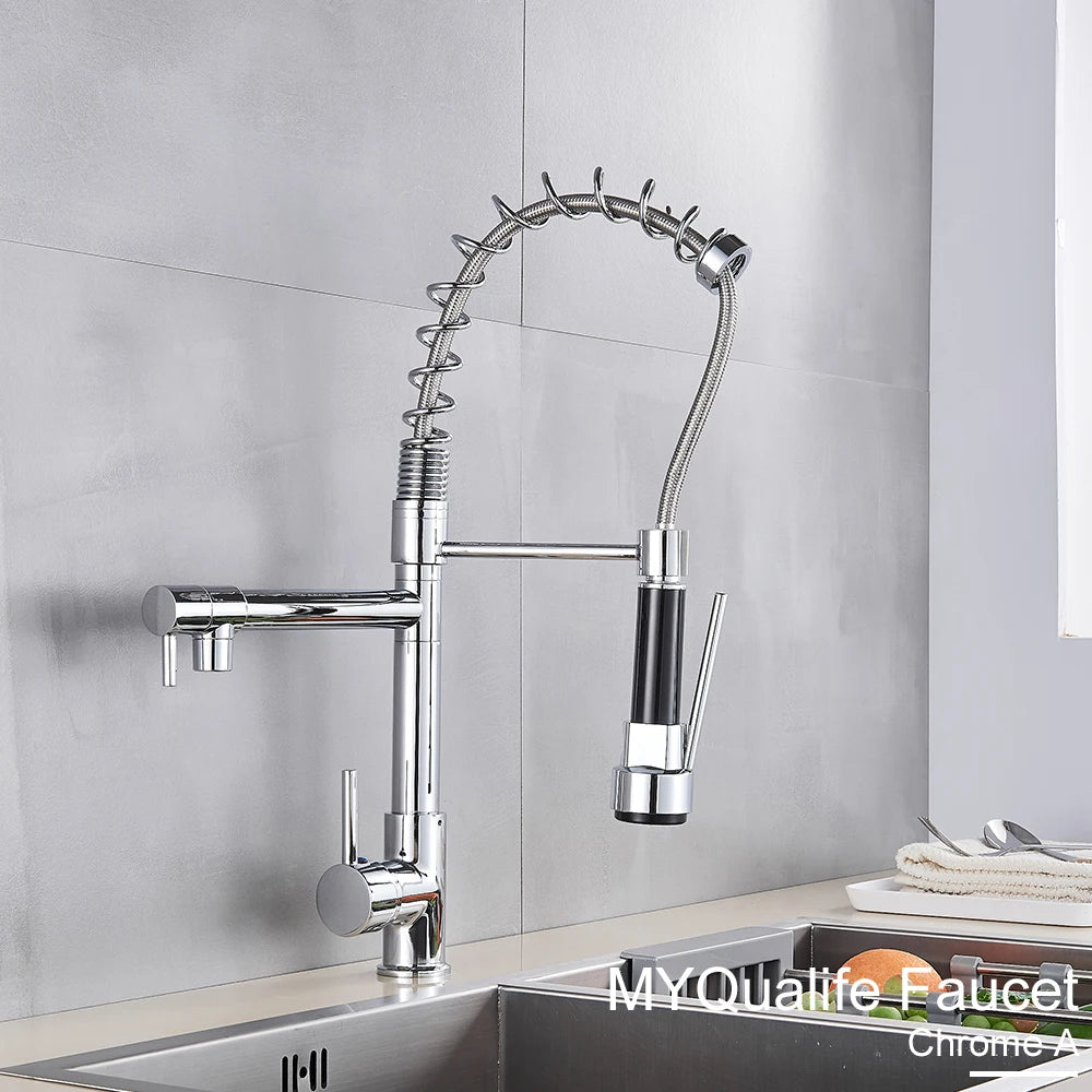 Black Pull Down Brass Kitchen Sink Faucet Hot Cold Water Mixer Crane Tap with Dual Spout 360 Rotation High Faucet Deck Mounted