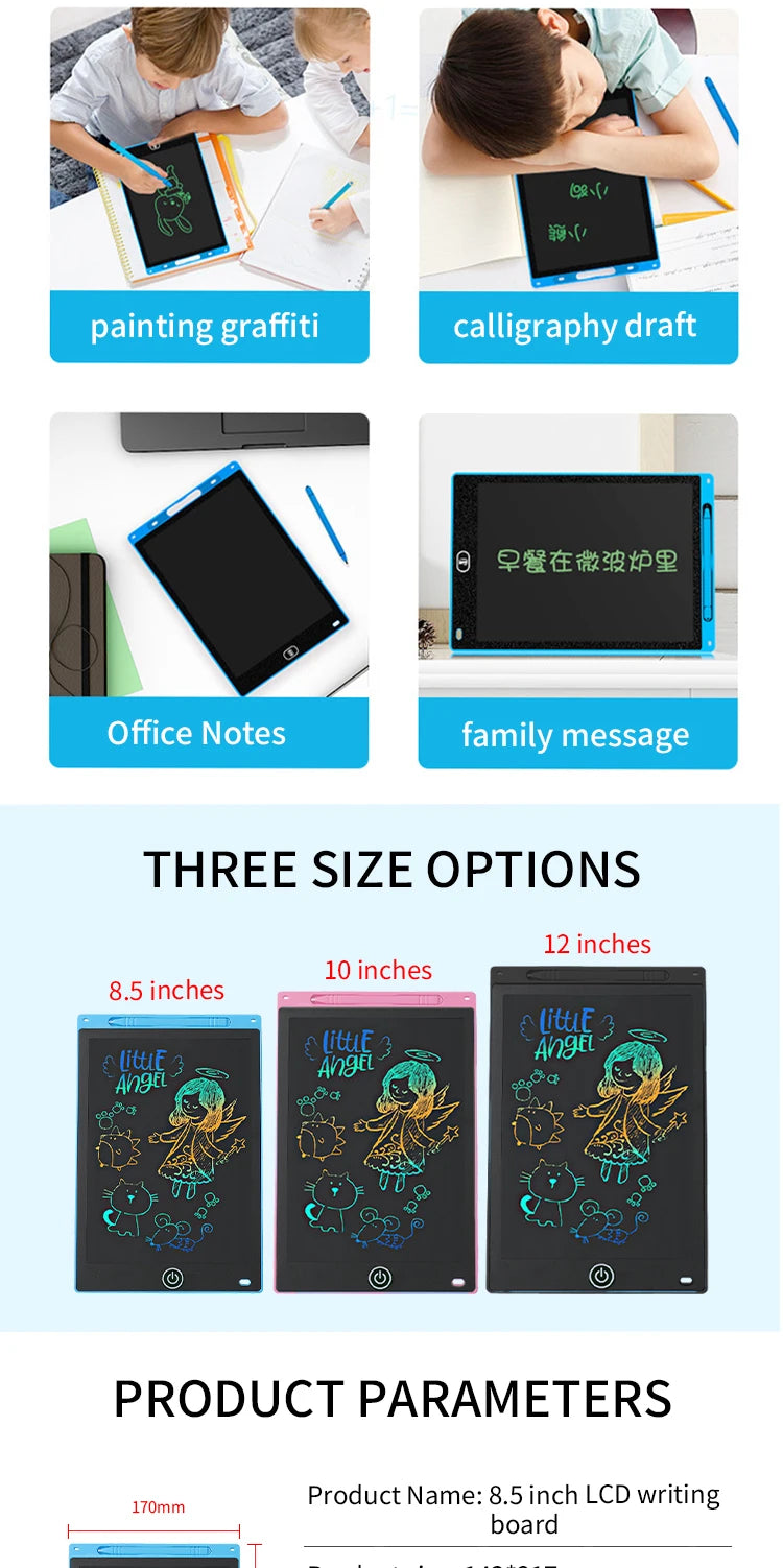 Multi-Size LCD Writing Tablet for Kids 6.5/8.5/10/12 Inch- Reusable Drawing Board, Eye Protection, Lock & Erase Educational Gift