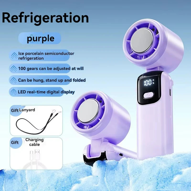 2025 Hanging Ice Pack Handheld High-speed Fan Folding 100 Speed Infinitely Adjustable Fan Portable For Outdoor Neck