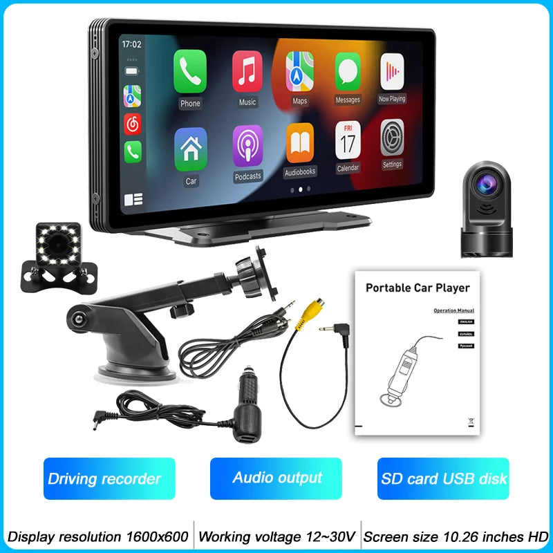 BQCC 10.26 Inch Portable MP5 Multimedia Video Player Android Auto Wireless Carplay Screen HD Rear Reversing Camera Car Radio