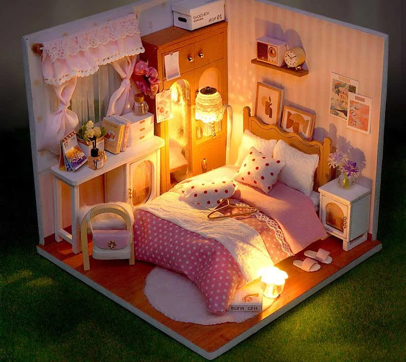 DIY Doll House Wooden Miniature Kit with Furniture Set Handmade Model Assembly Toy Case for Birthday Gifts