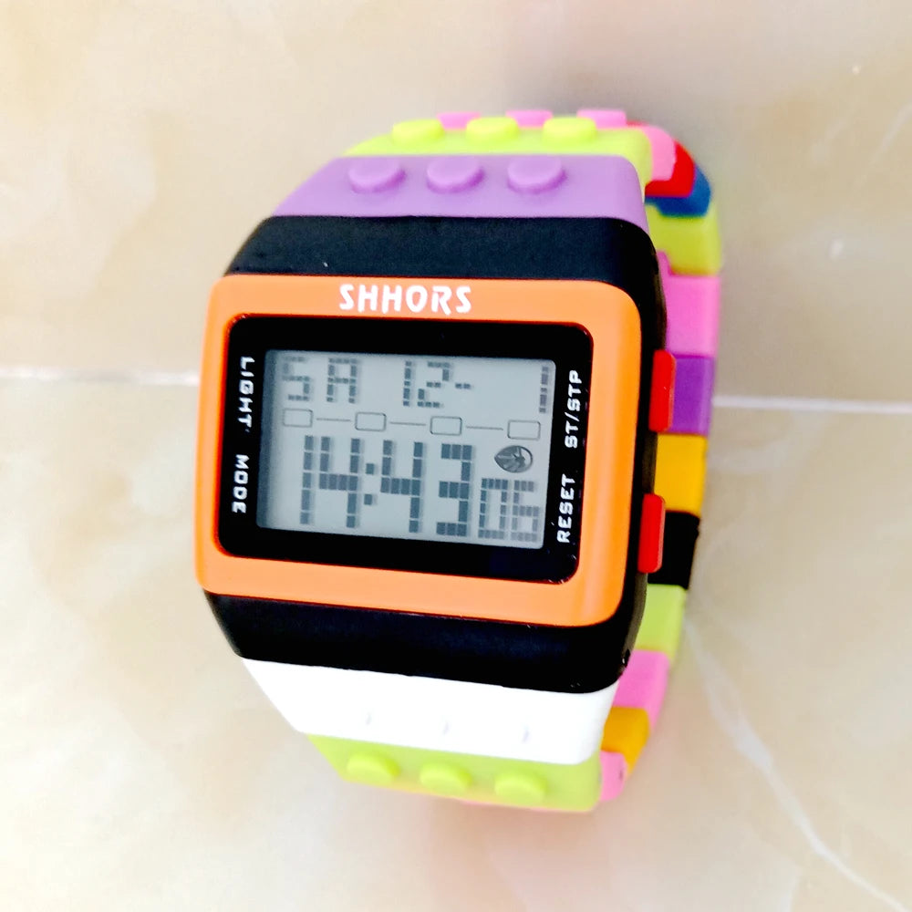 Fashion Students Mens Women Colourful SHHORS Building Blocks Plastic Waterproof Sport Digital Electronic Multifunctional Watches