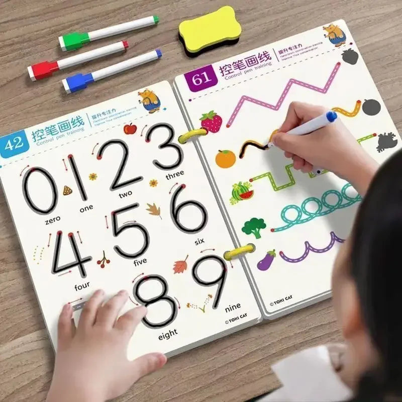 36-Page Reusable Workbook - 2 Pens + Eraser, Erasable Stickers for Kids' Drawing & Control, New Year & Christmas Gift