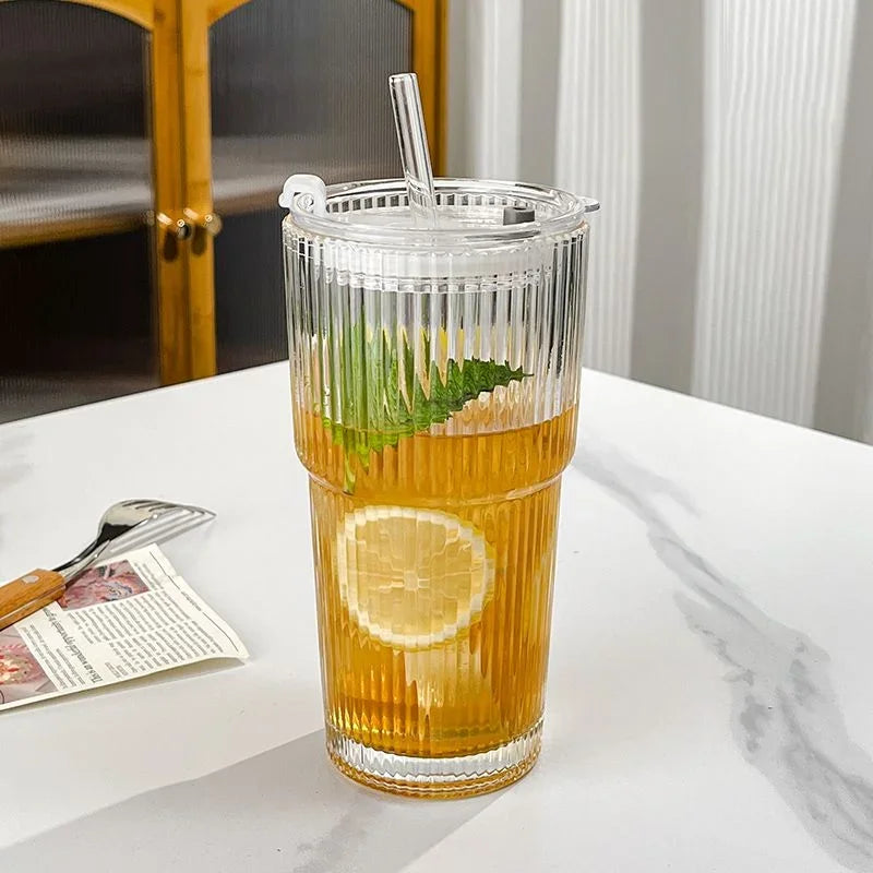 600ML Stripe Glass Coffee Cup with Lid and Straw Transparent Drinking Glasses for Juice Milk Tea Cups Iced Coffee Mugs Drinkware