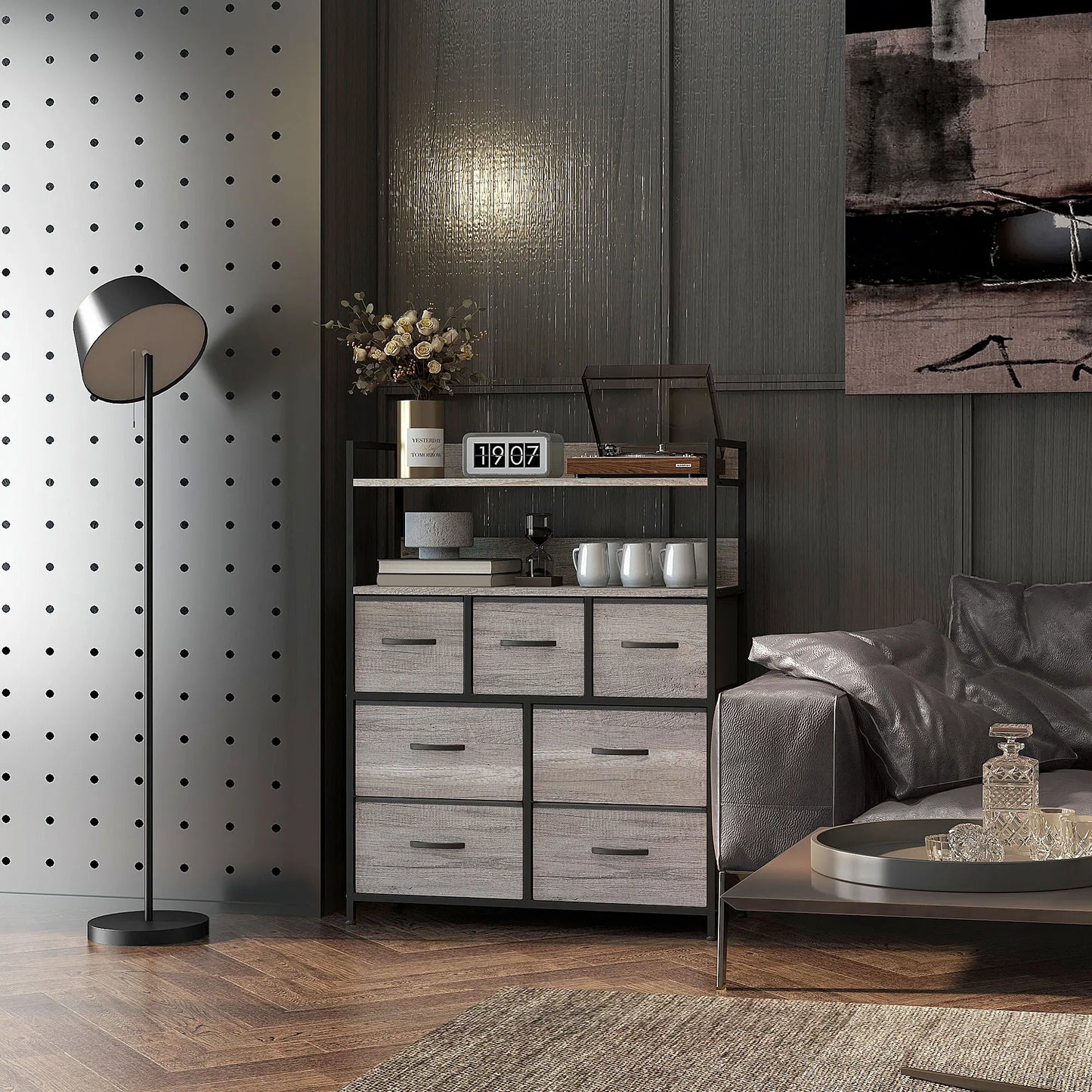 HOMCOM Bedroom Chest of Drawers 7 Drawer Dresser w/ Shelves, Grey Wood Effect