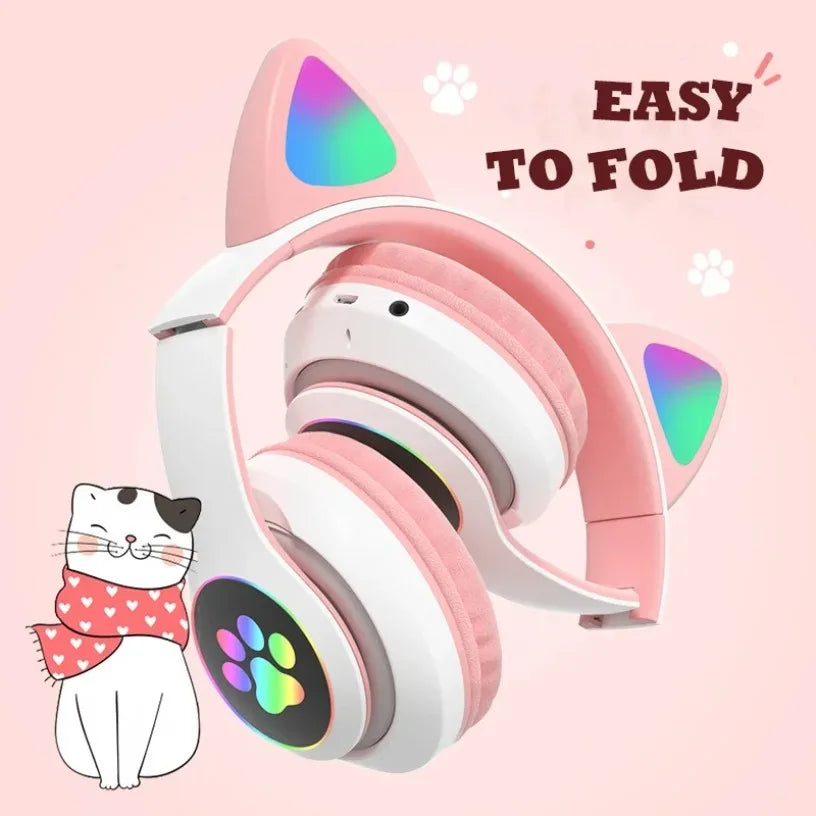 Bluetooth 5.0 Stereo With Mic Flash Lamp Cute Cat Ears Headphone Support TF Card Wireless Kids Girl Earphone Birthday Gift