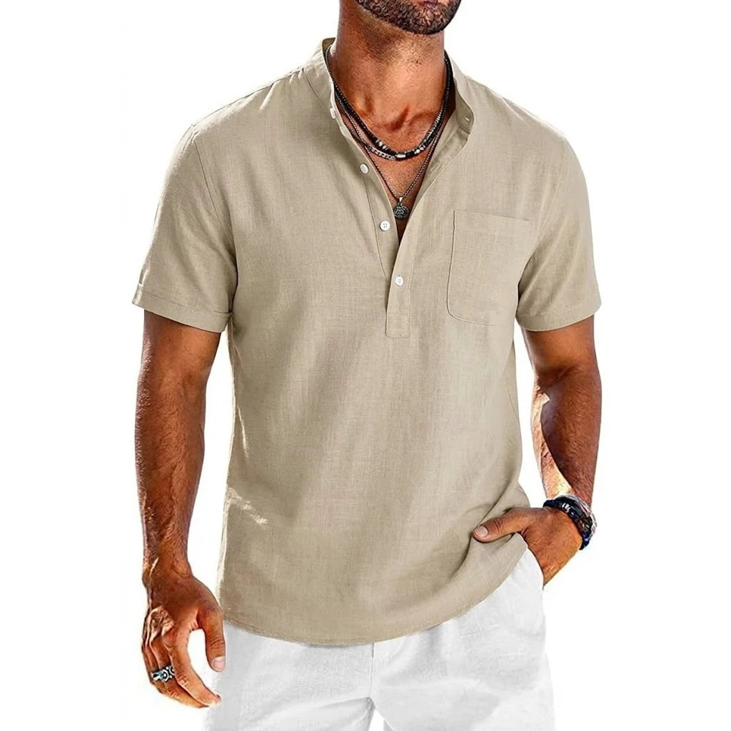 Summer Men's Short Sleeve Linen Shirts Lightweight T-shirts for Men Breathable Henley Shirt Casual Pocket Button Tee Beach Shirt
