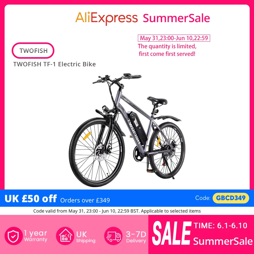 TWOFISH TF-1 Electric Bike, 250W 36V 15Ah Battery, 26" Tires, 25km/h Max Speed, 100km Max Range, Disc Brakes, Front Suspension