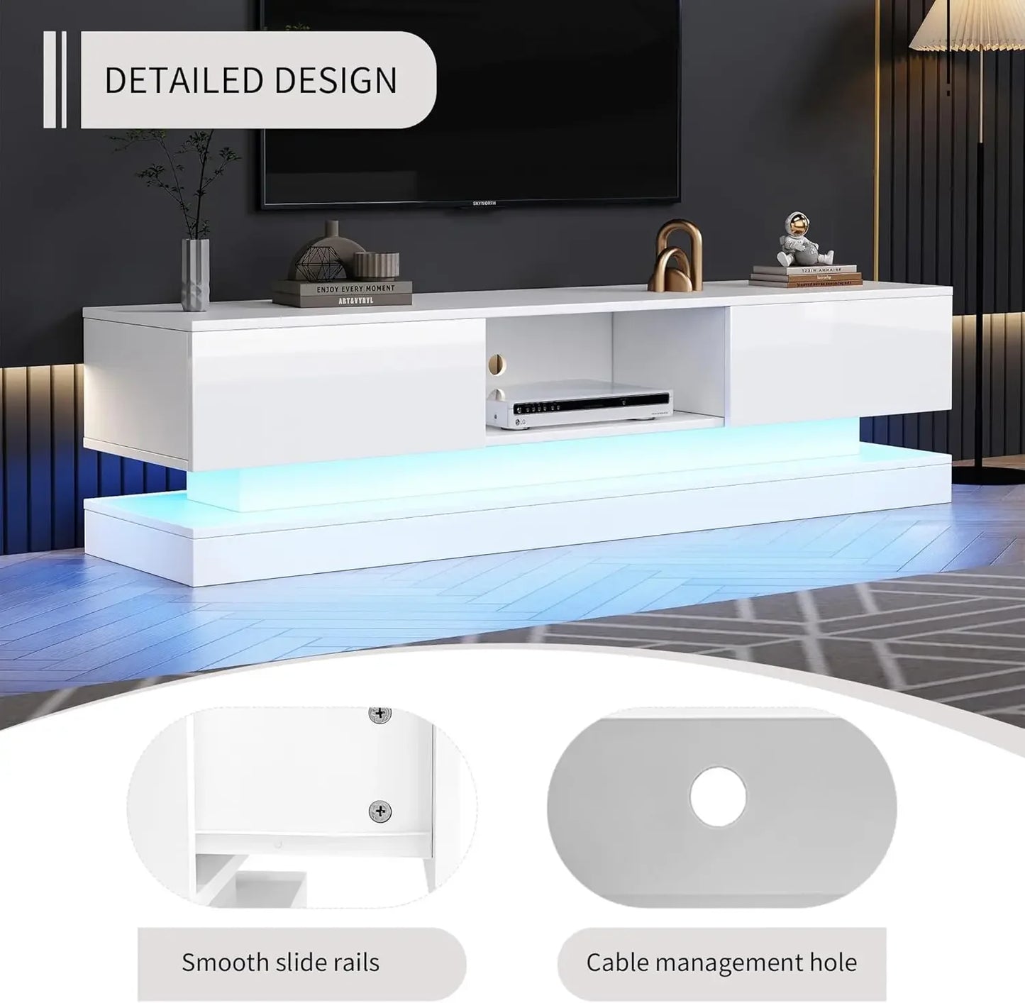 Frontal high-gloss TV stand with 16 RGB LEDs, 2 drawers, and 1 open storage space for 70-79-inch TV stand in living room