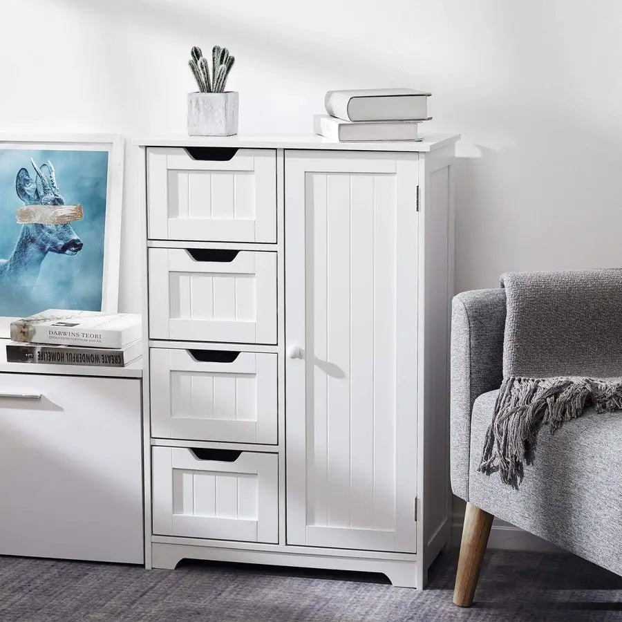 Bathroom Storage Cabinet with 4 Drawers 1 Door Adjustable Partition Wooden Modern Style for Bathroom, 56 x 30 x 82.5 cm L x W x