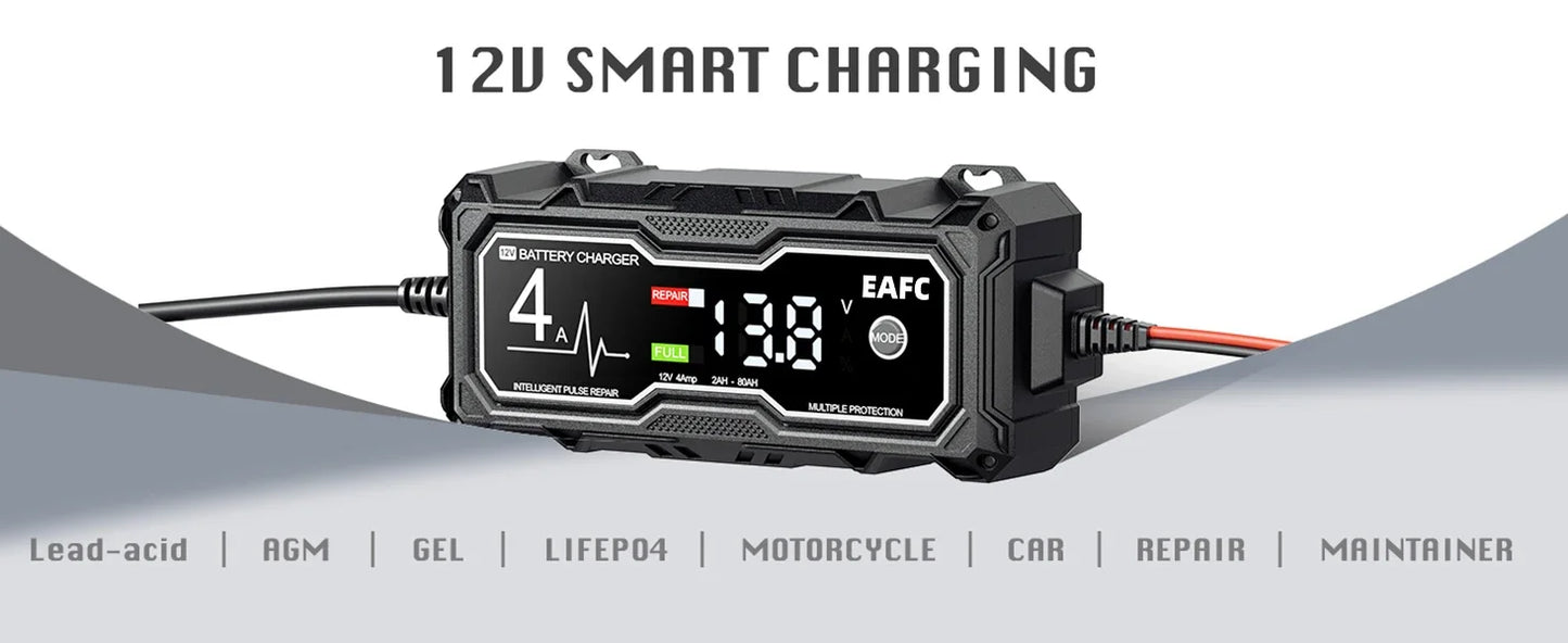 12V 4A Smart Car Battery Charger for Car Automatic Float Charger Motorcycle Lawn Mower Tractor Lead-acid AGM GEL Toy Battery
