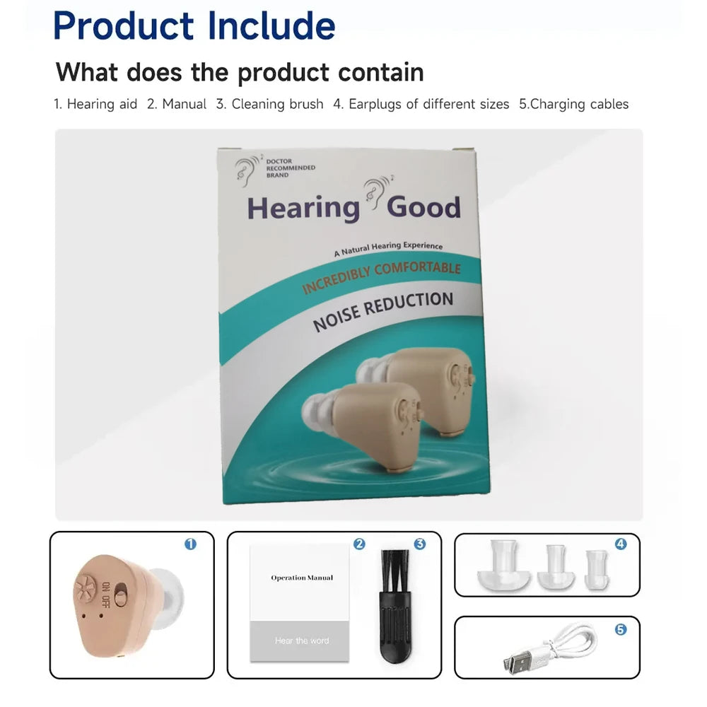 Rechargeable Mini In-Ear Sound Amplifier Wireless Headset Hearing Aid Device with Battery Ear Handset Tool for Deaf