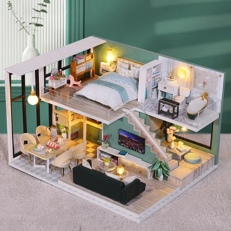DIY Wooden Doll House Handmade Duplex Apartment Production 3D Puzzle Assembly Building Duplex Apartment Model Toy Children Gifts