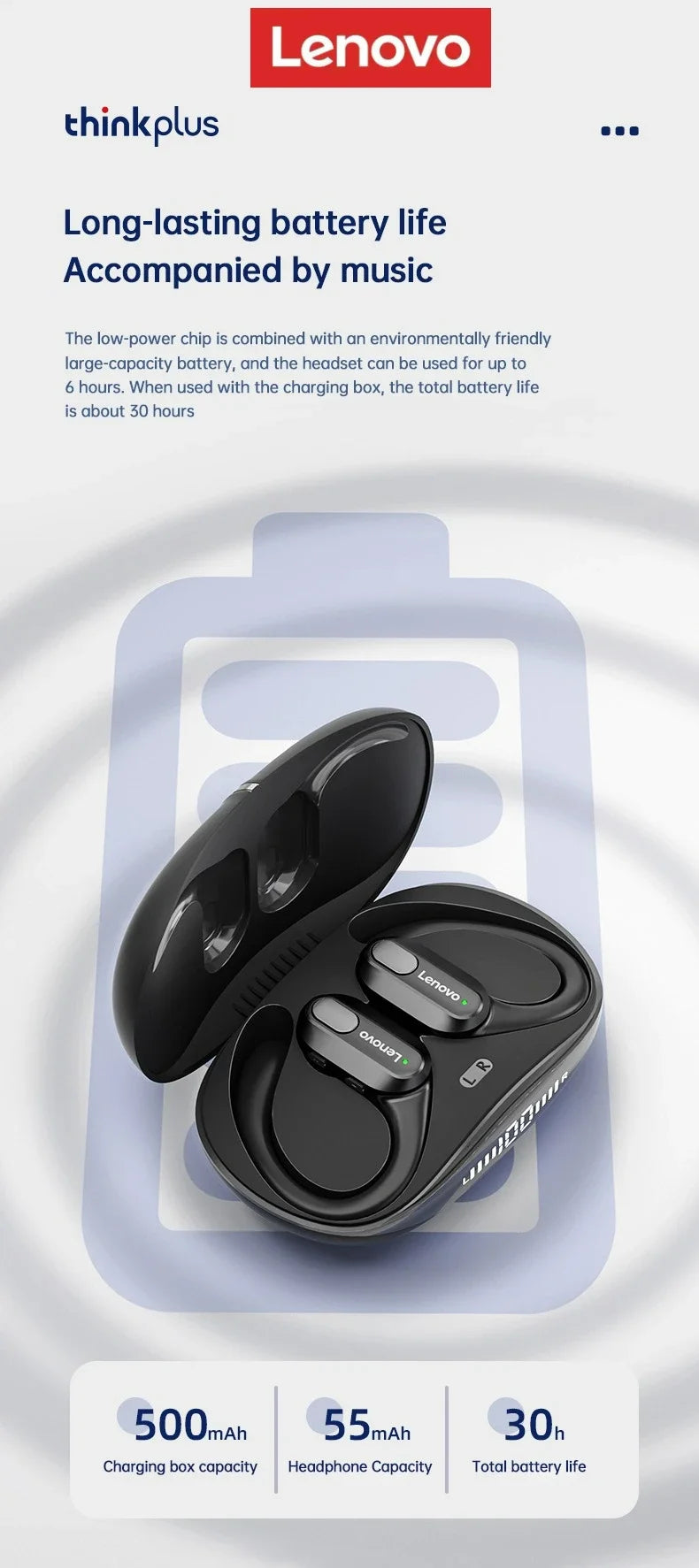 Lenovo XT80 Wireless Headphones Bluetooth 5.4 Earphones True with Mic Button Control Noise Reduction Earhooks Waterproof Headset
