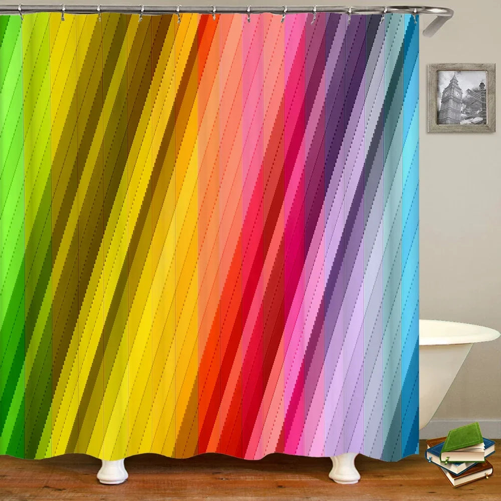 Colorful Stripes Shower Curtain Waterproof Polyester Fabric Geometry Bathroom Curtain 180 x 200cm with Hooks Shower Curtain