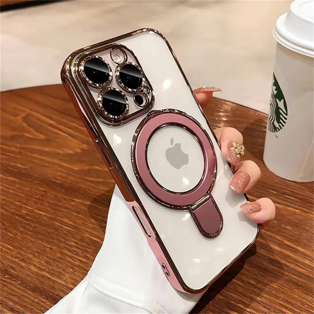 Luxury For Magsafe Bracket Case For iPhone 17 Air 16 Pro 15 14 13 12 11 Pro Max Magnetic Ring Stand Holder Clear Soft Cover