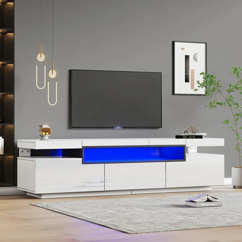 PINGGO TV Stand Cabinet for 70-inch TV High Gloss TV Stand Unit with LED Lights 160CM, 3 Drawers, 3 Open Storage Space