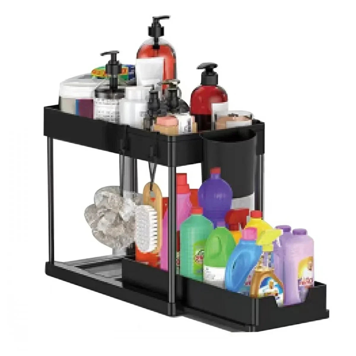 2-Tier Pull Out Under Sink Organizer, Storage Rack with Hooks & Cups, Space Saving Slide-Out Shelf for Kitchen Bathroom Cabinet