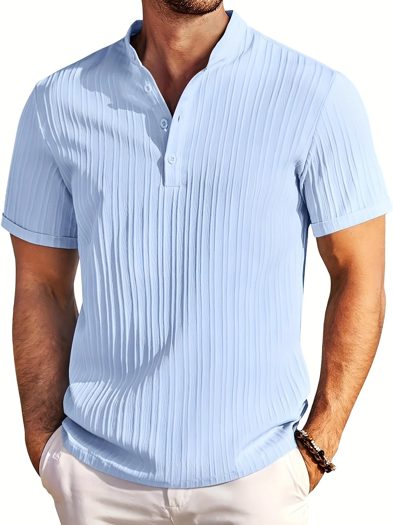 Hawaiian Men's Retro Cotton And Linen Henry Shirt Casual Loose With Sporty Stand-up Collar Buttons 2026 New Men's Casual Shirt