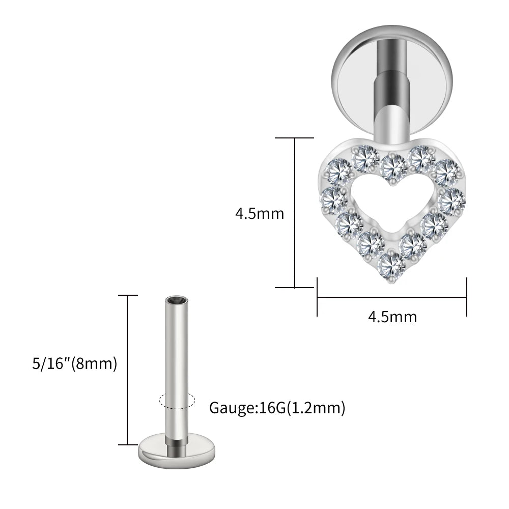 Right Grand ASTM F136 Titanium Mini Heart Cartilage Earring 16G Dainty Flat Back Labret Stud Tragus Helix Piercing Jewelry