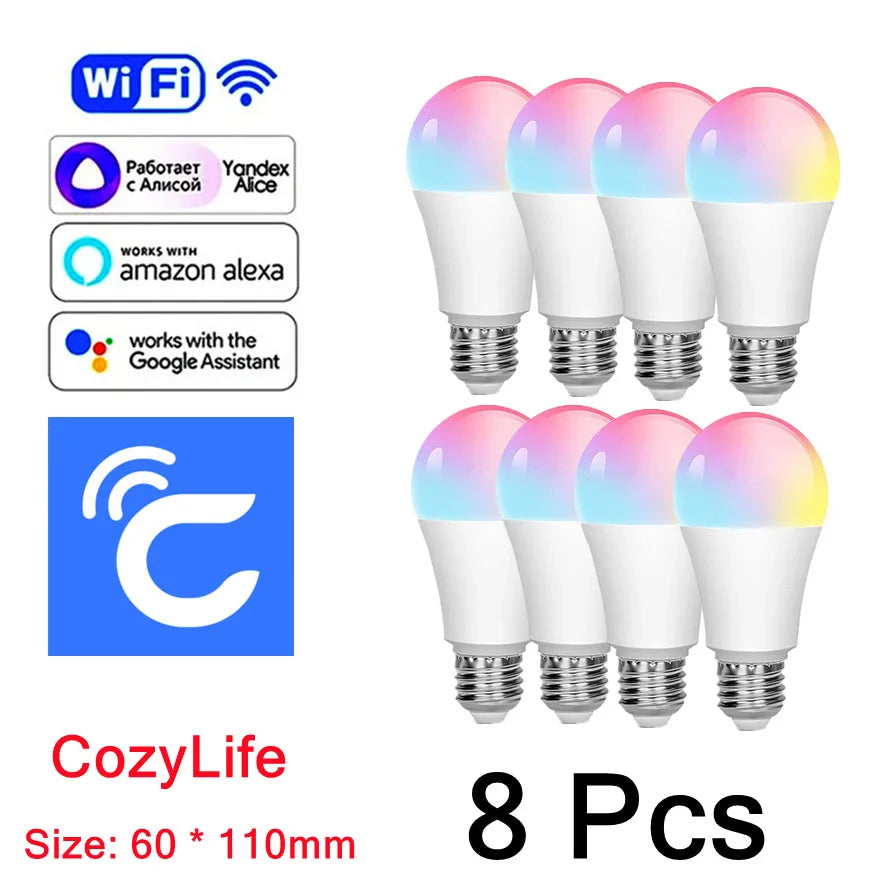 8Pcs 15W WiFi Smart Light Bulb E27 LED RGB Lamp Work with Alexa/Google Home 85-265V RGB+White Dimmable Timer Function color Bulb