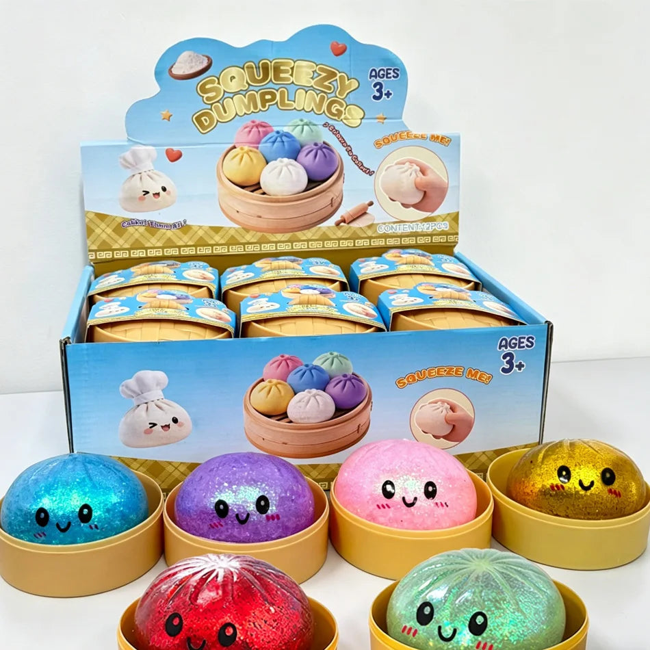 New 1-12pcs Glitter Dumpling Glitter Dumpling Squishy with Box Dumplings Sensory Squeeze Toy for Stress Relief