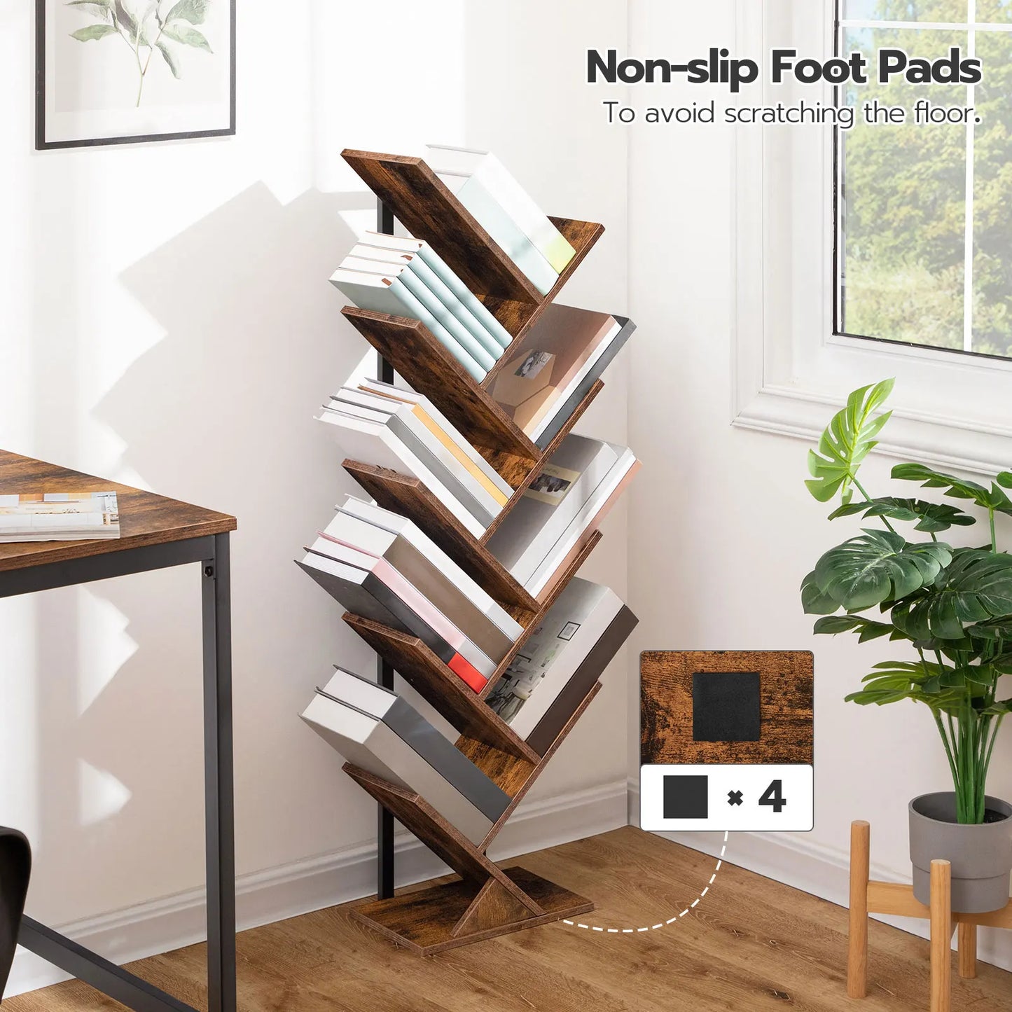 Tree Bookshelf Tall, 9-Tier Floor Standing Book Shelf, Tall Bookcase for CDs Albums, for Living Room, Rustic Brown and Black