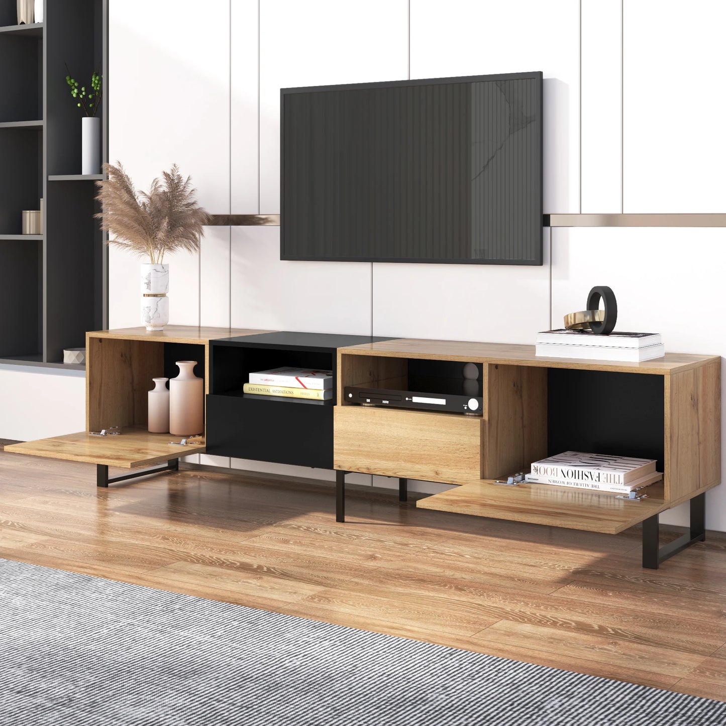 PINGGO Modern Minimalist TV Cabinet Large Capacity Storage Cabinet With Doors And Drawers Wood Grain Design TV Media Console