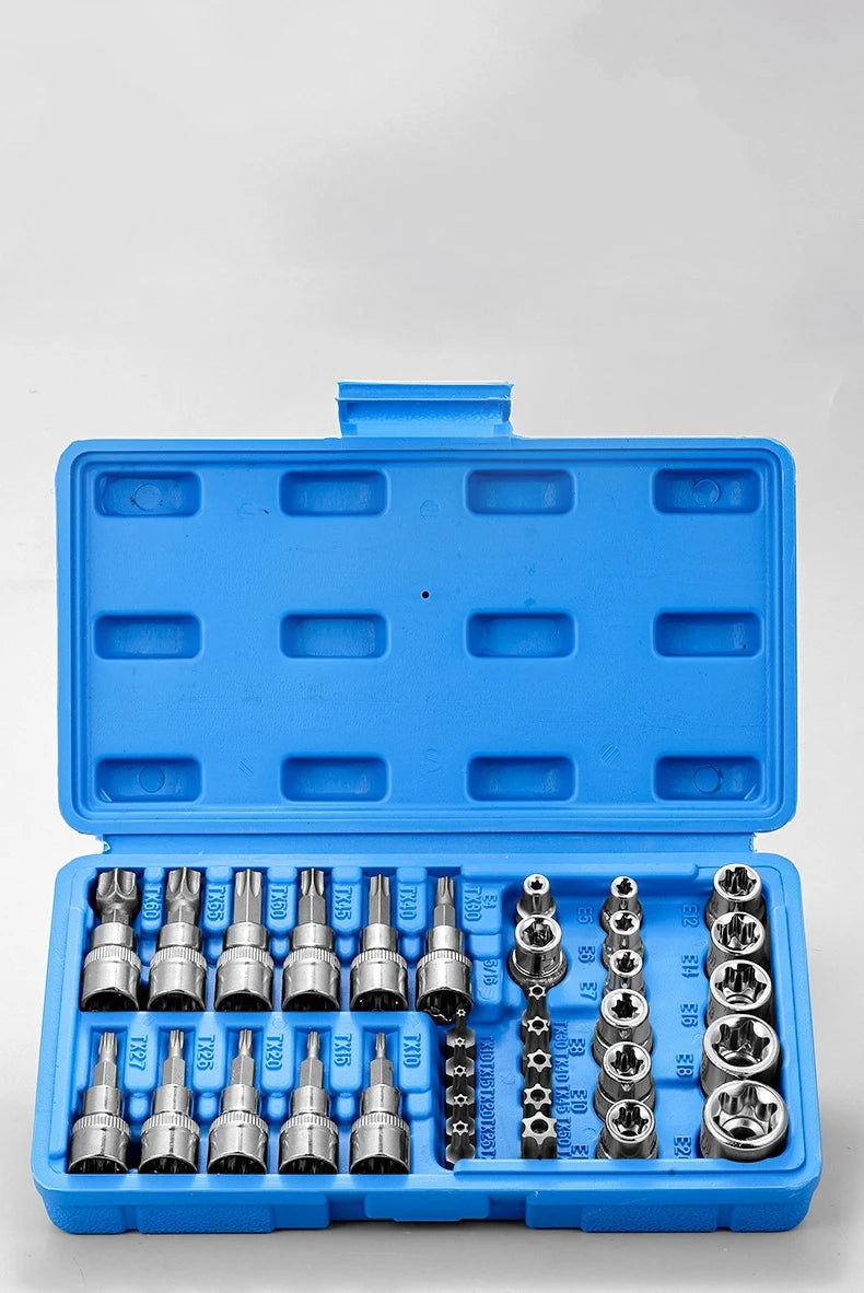 Professional 34pcs Torx Bit Socket & E-Torx Star Socket Set 1/4" 3/8" 1/2" Drive Male Female E-torx Bits Handheld Tool with Case