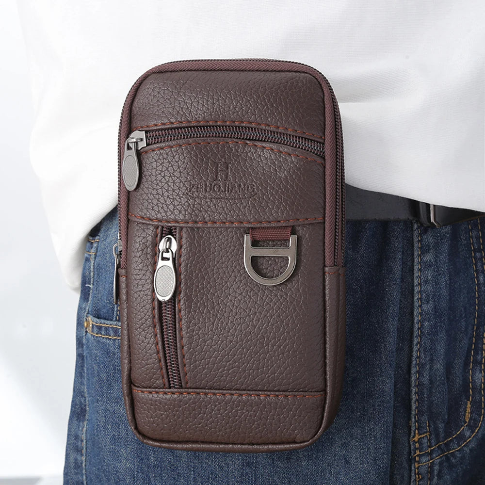 Men Waist Bag Mobile Phone Bag Outdoor PU Leather Wearable Belt Sports Waterproof Small Hanging Bag Business Leisure Coin Purse
