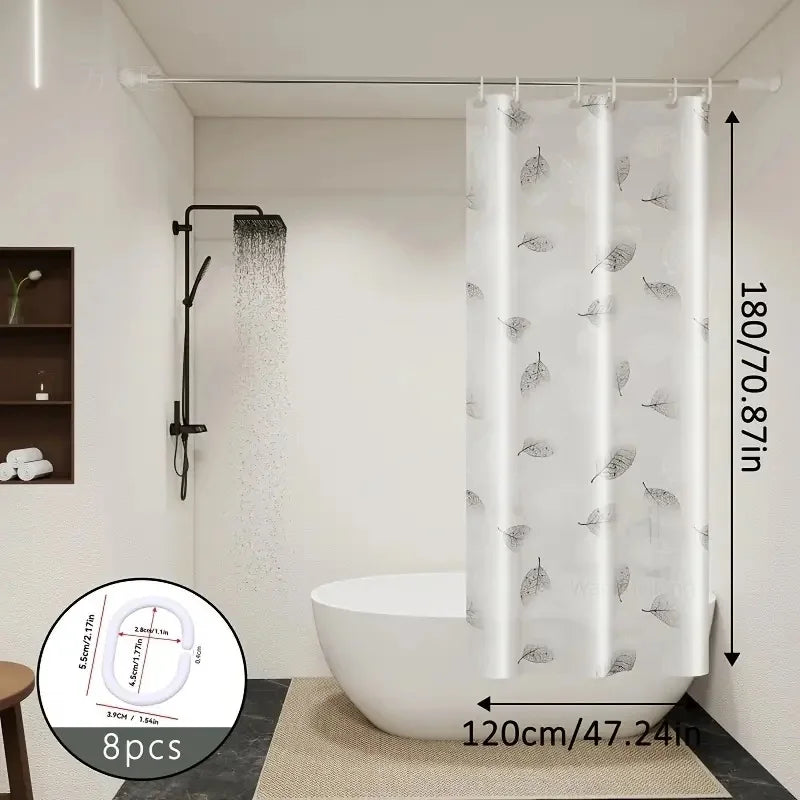 1pc Leaf Pattern Plastic Shower Curtain, Lightweight Bath Curtain Liner with Plastic Hooks, Transparent Curtain, Bathroom Decor