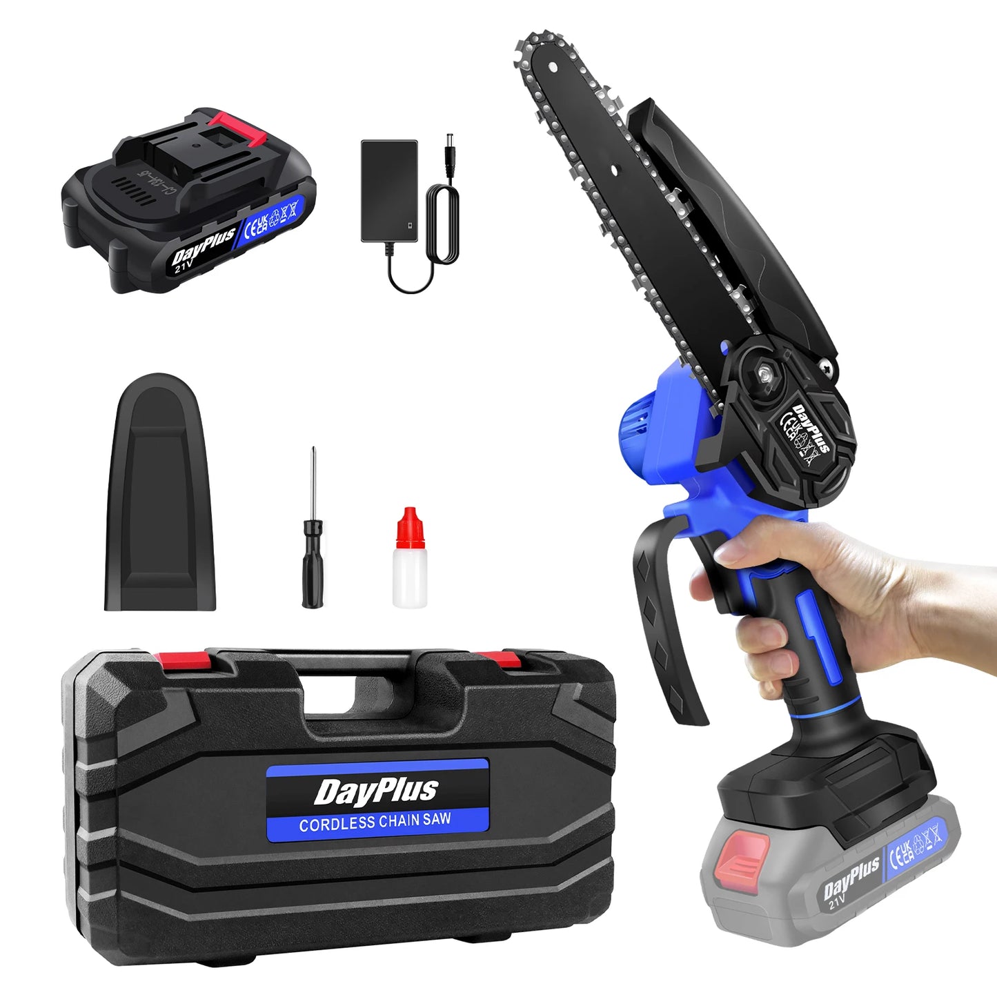 21V 6 Inch Mini Cordless Chainsaw Electric One-Hand Saw Wood Cutter for Wood Cutting Tree Trimming (1 Battery and Charger)