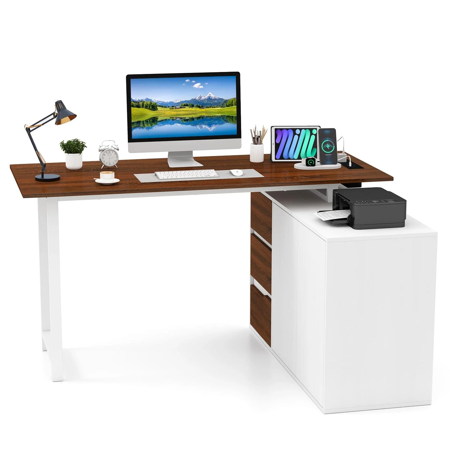 GOFLAME L-Shaped Desk 138 cm Reversible Corner Computer Desk-Brown
