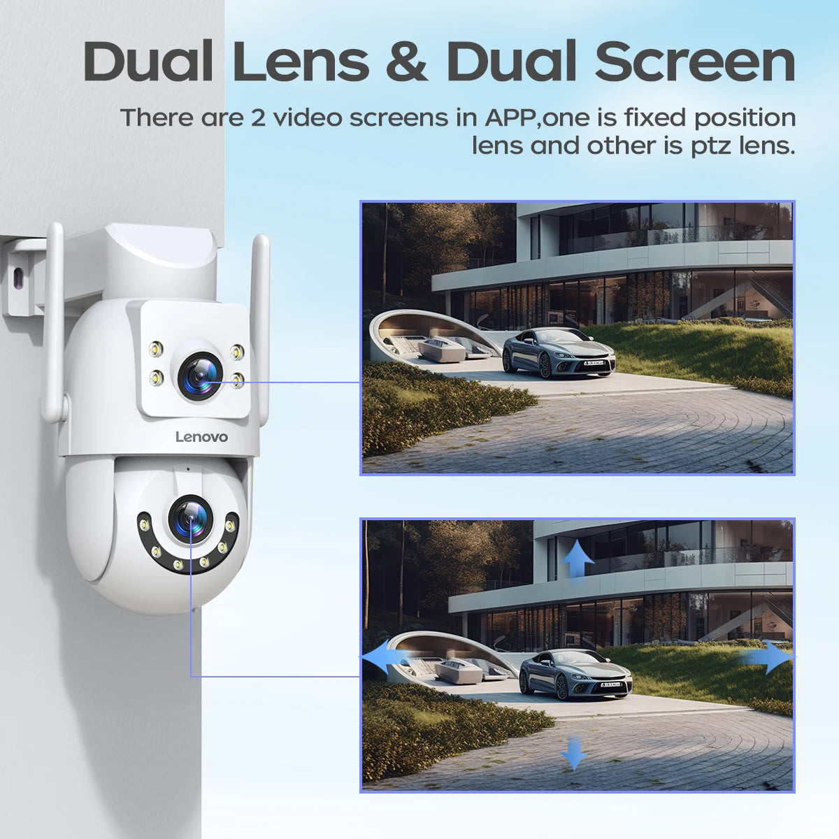 Lenovo 4MP HD Wifi PTZ Camera Outdoor Dual Lens Dual Screen Auto Tracking Security IP Camera CCTV Audio Video Surveillance