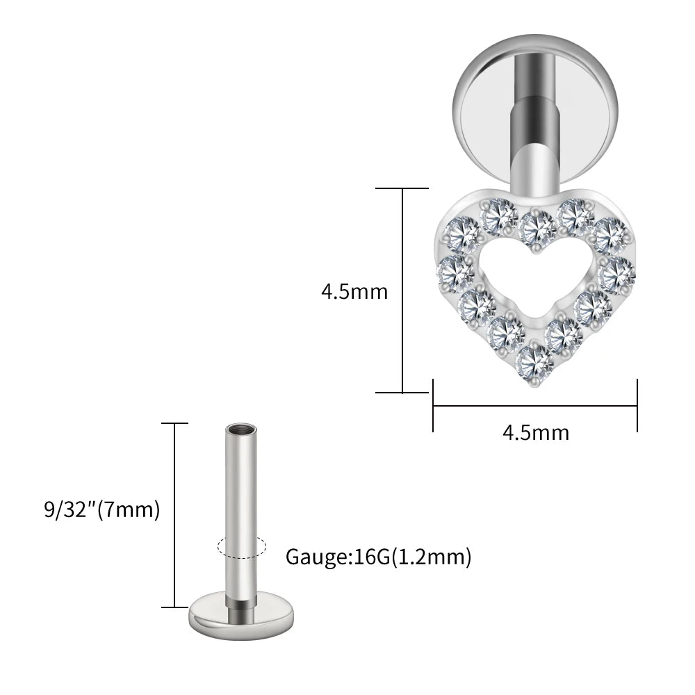 Right Grand ASTM F136 Titanium Mini Heart Cartilage Earring 16G Dainty Flat Back Labret Stud Tragus Helix Piercing Jewelry