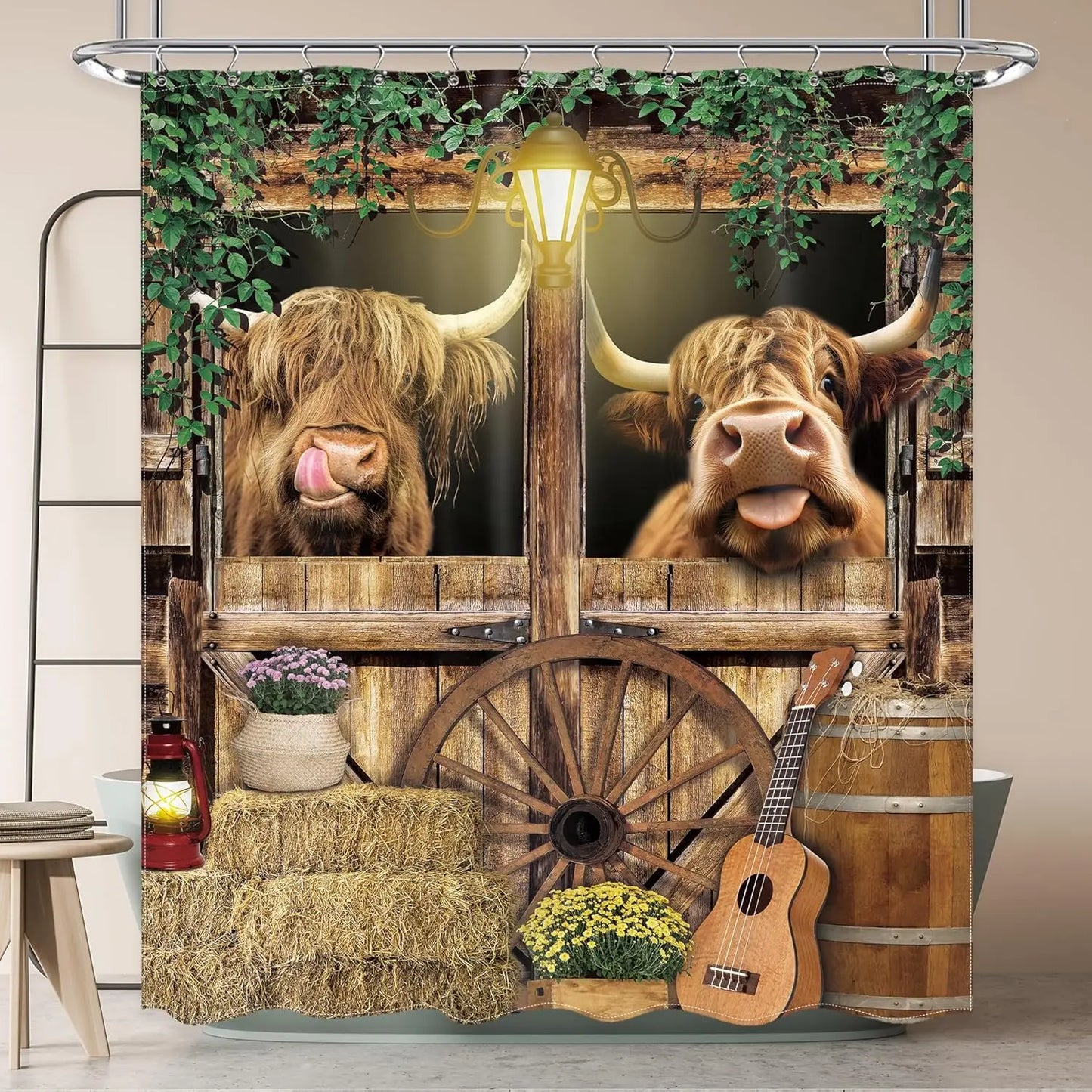 Funny Pig Shower Curtain Farmhouse Rustic Farm Animal in Bathtub Cute Western Country Shower Curtain Bathroom Set Pink Floral