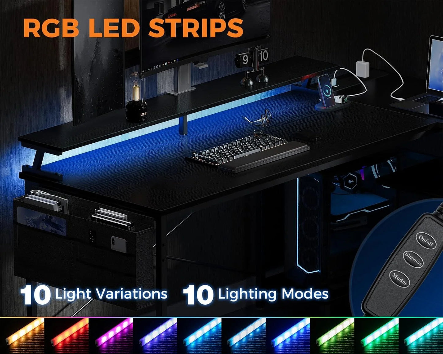 Coleshome L Shaped Gaming Desk with LED Lights, 120 × 80 cm Computer Desk with Power Outlet,  Black