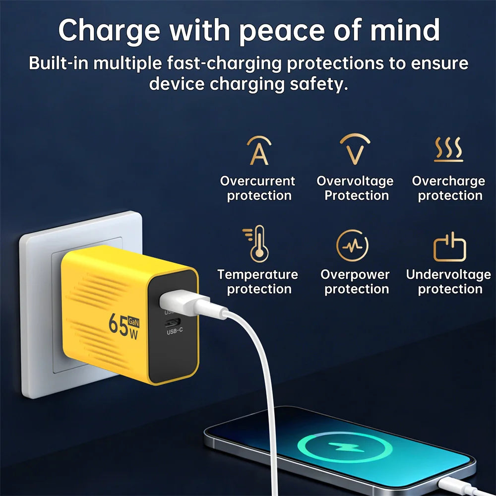 65W GaN USB C Fast Charger PD QC 3.0 Travel Wall Adapter with UK US EU Plug for iPhone Samsung Xiaomi Huawei Mobile Phone
