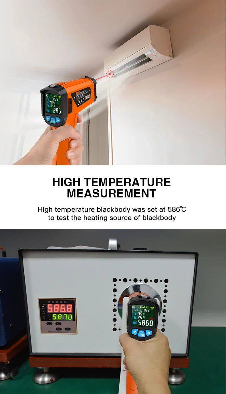 Digital Infrared Thermometer Non-contact Pyrometer Laser Temperature Meter Imager Hygrometer IR Termometro Color LCD Light Alarm