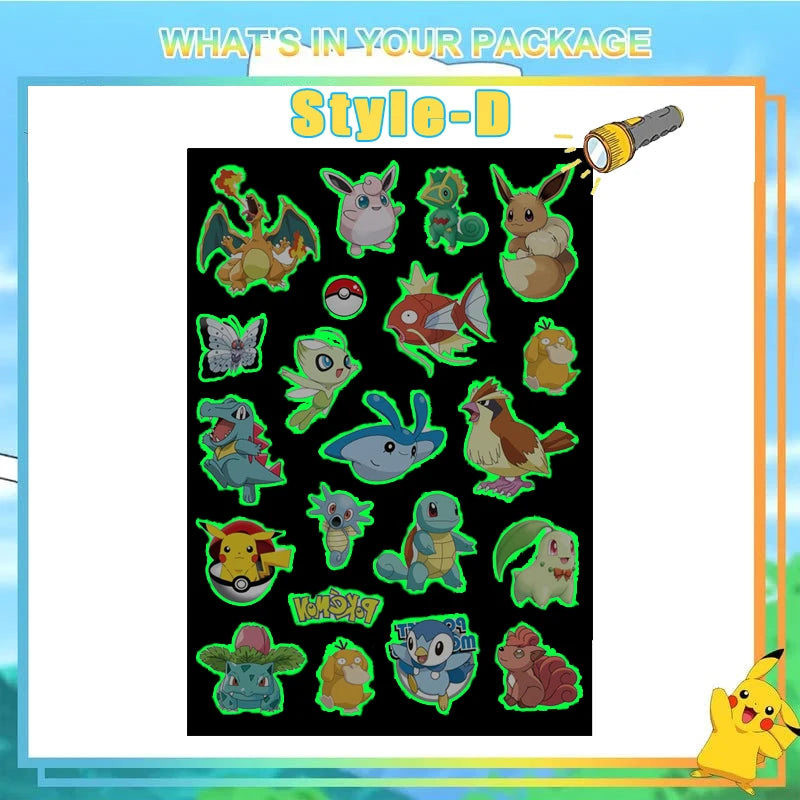 Pokemon Luminous Tattoos for Kids Pikachu Styles Temporary Tattoos Stickers Boys Girls Glow Party Supplies Gifts for Children