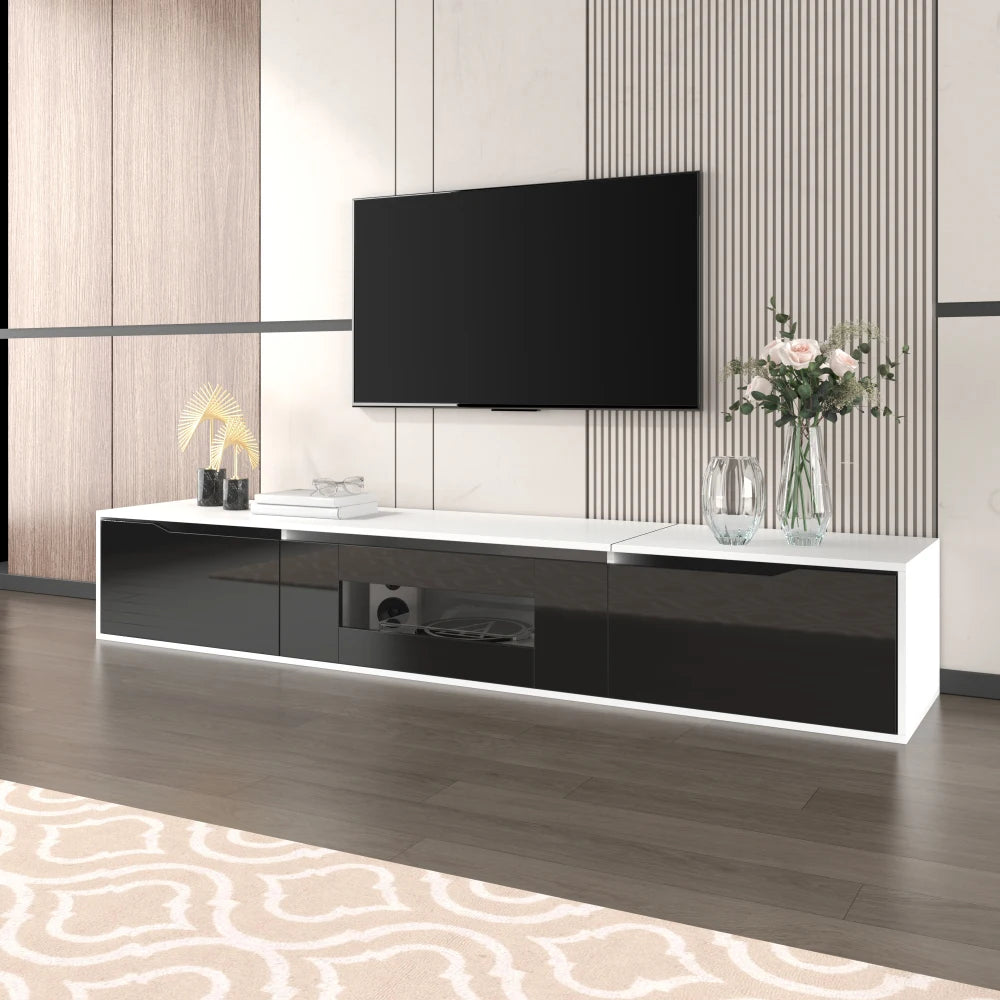 PINGGO TV cabinet, high-gloss TV cabinet, matching colours in white and high-gloss black, with colour-changing LED lights