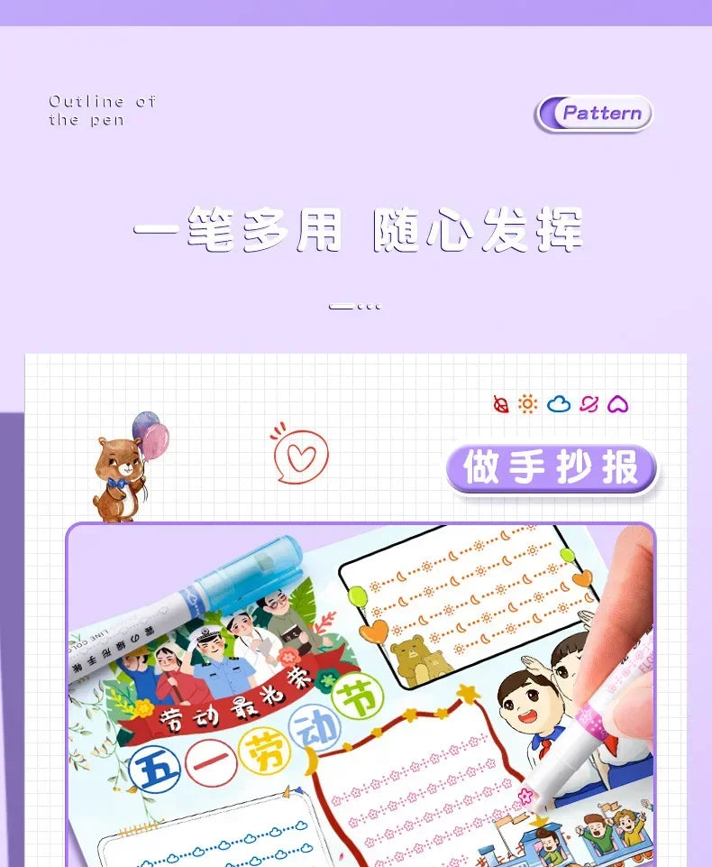 24/3 PCS Kawaii Flowers Line Shaped Highlighter Pens Roller Tip Curve Liner Marker for Writing Journaling Drawing Stationery