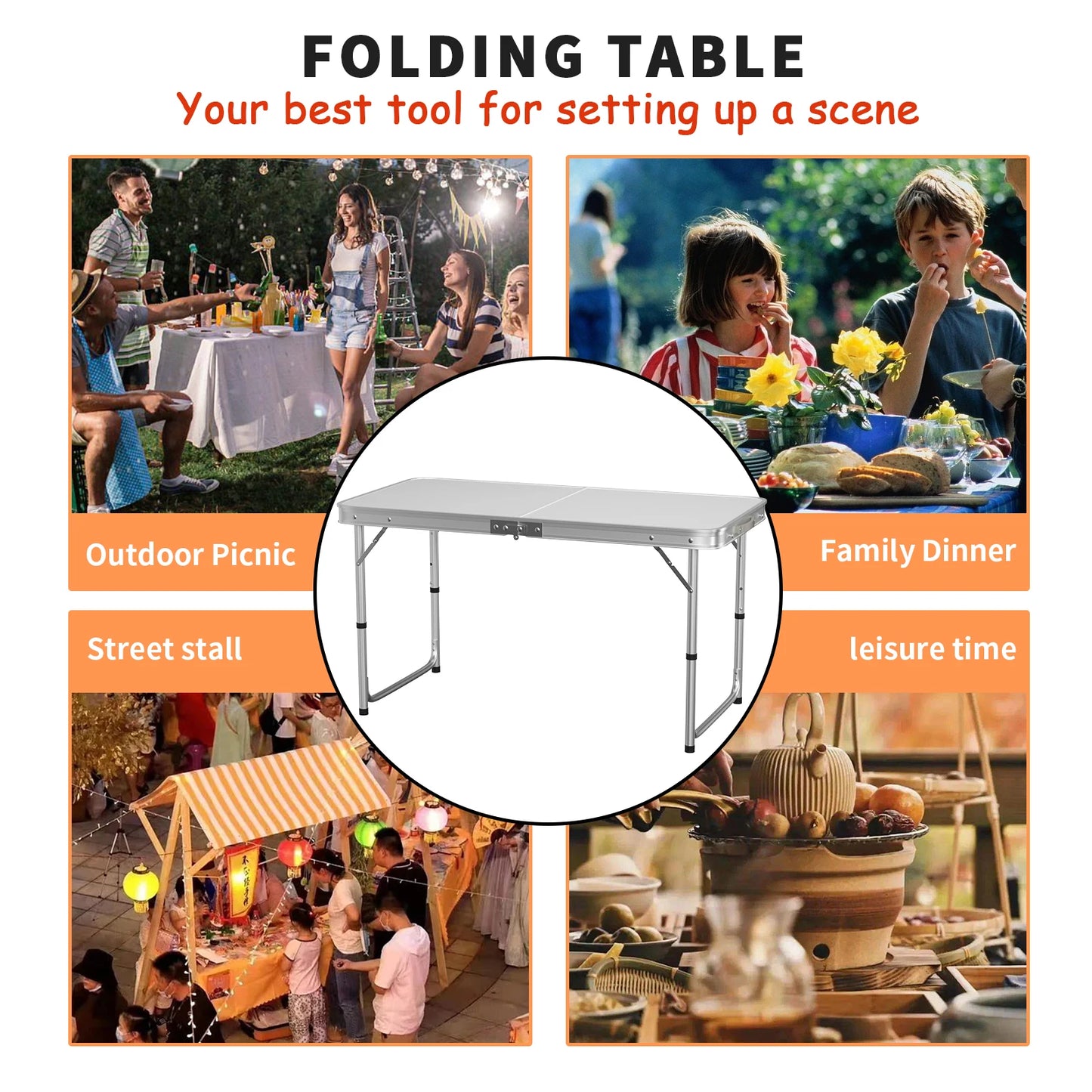 120cm Aluminium Folding Table - Portable Lightweight Camping With Extra Strength Trestle Design, Power Coated Adjustable Height