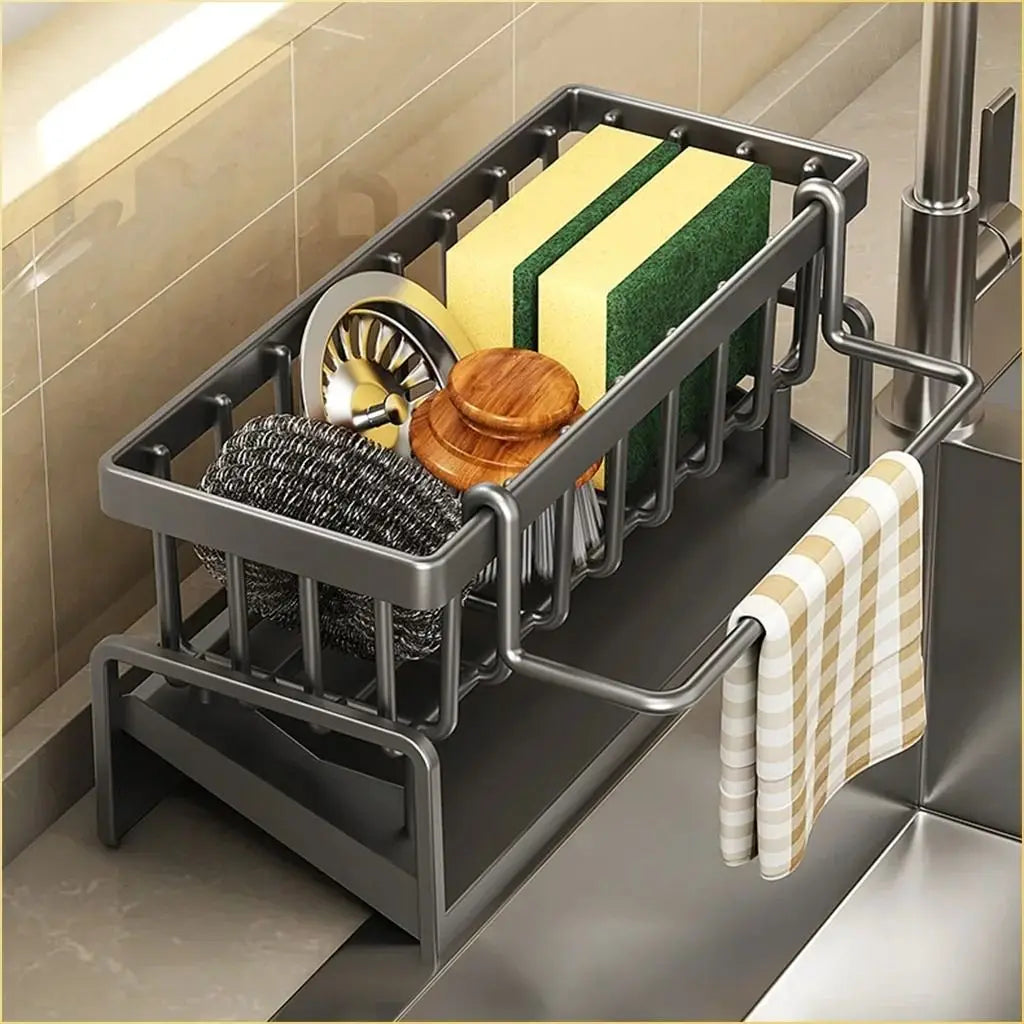 1Pc Multifunctional Plastic Kitchen Shelf Rag Storage Drainage Shelf,No-Punch Adhesive Spice Rack,Sink Tap Drain Rack with Hooks