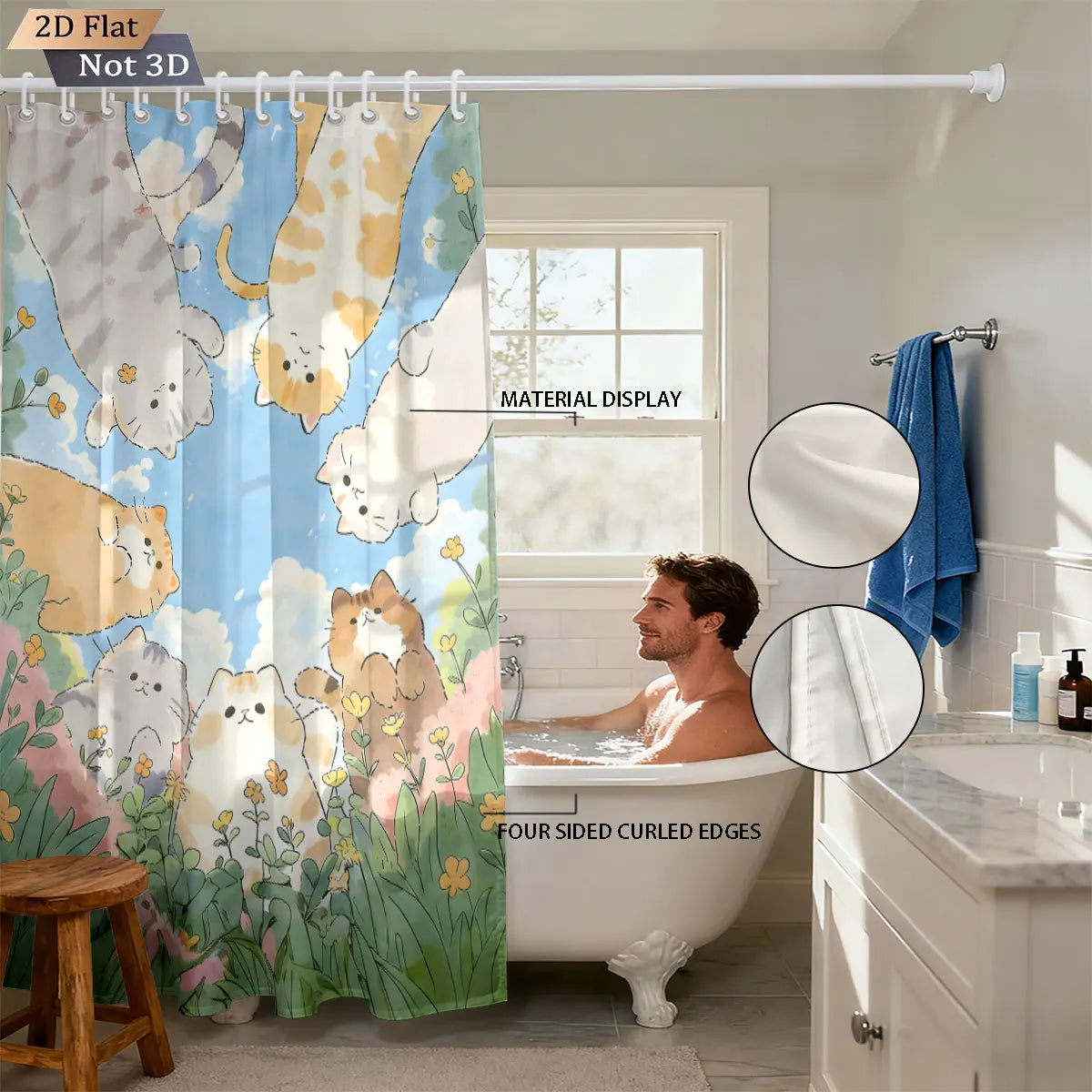 1pc Cute Cartoon Cat Printed Waterproof Shower Curtain Partition Privacy Hanging Curtain with 12 Hooks Multiple Sizes
