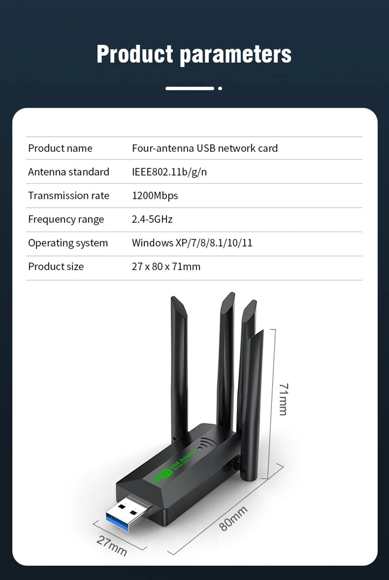 1200Mbps WiFi USB Adapter Dual Band 2.4G+5Ghz Wi-Fi Dongle 4 Antenna 802.11AC USB3.0 High-Speed Wireless Card Receiver PC/Laptop